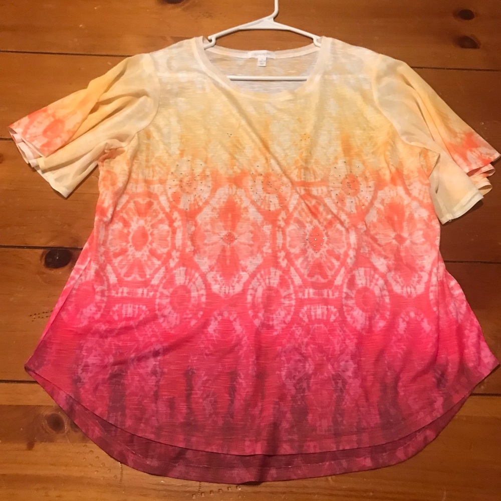 Concepts top, size Large, multi colored white, yellow, orange, coral,pinks.